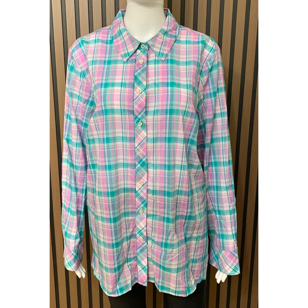 Talbots Women's XL Pink Teal Plaid Button Down Shirt 100% Cotton Long Top